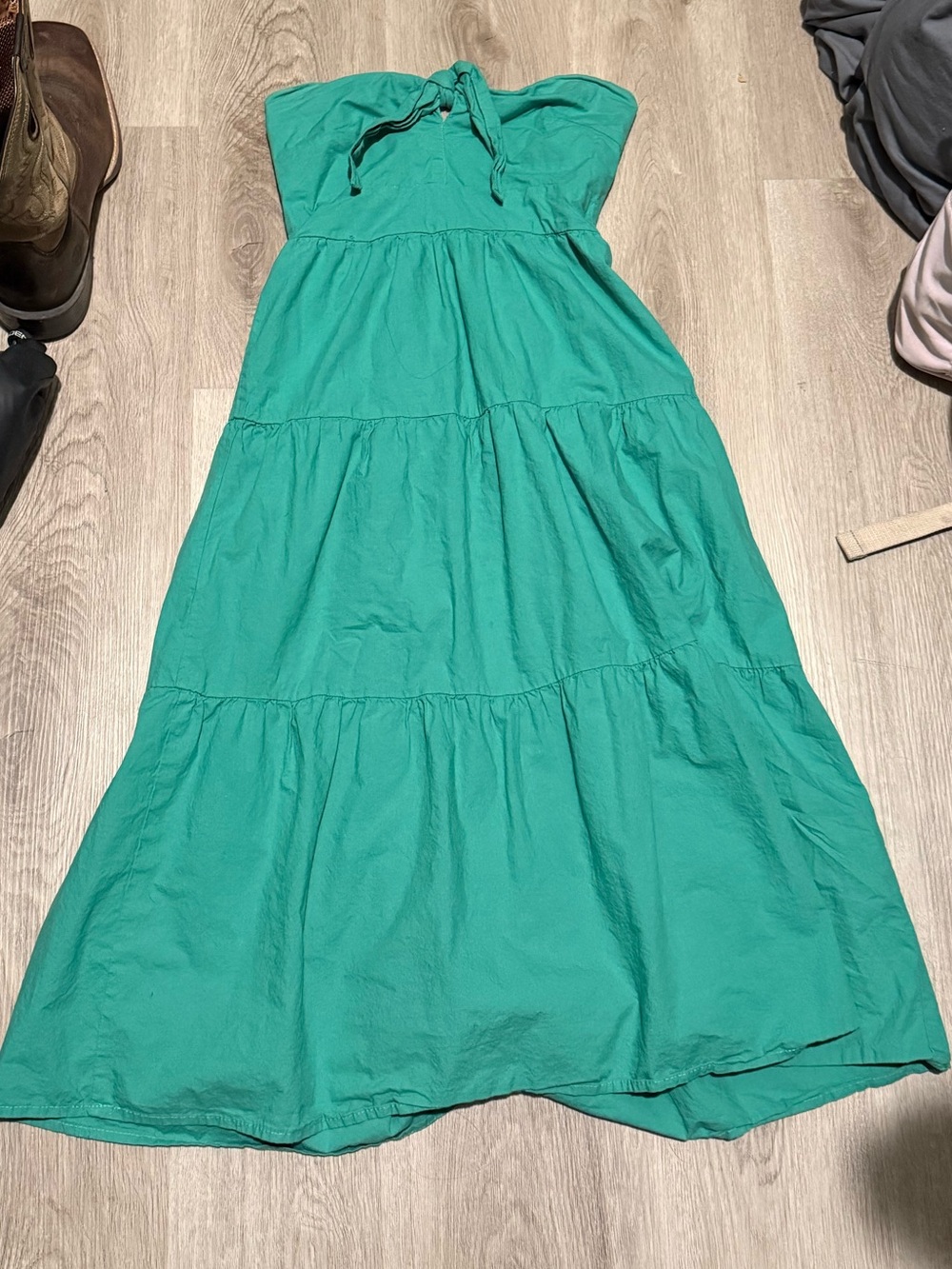 Strapless Tiered Midi Dress in Teal Green